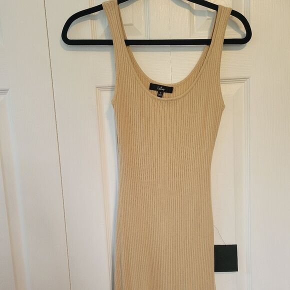 Lulu's Tan Ribbed Knit Midi Dress Size Medium NWT Side Slits - Picture 3 of 8
